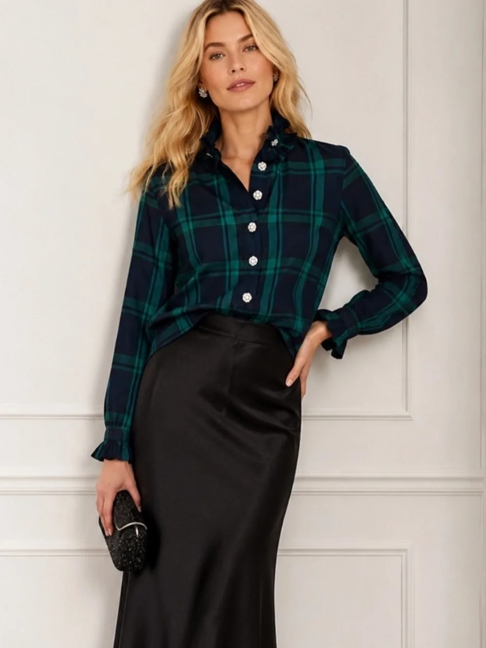 J.Crew Plaid Ruffle Jeweled Blouse 4